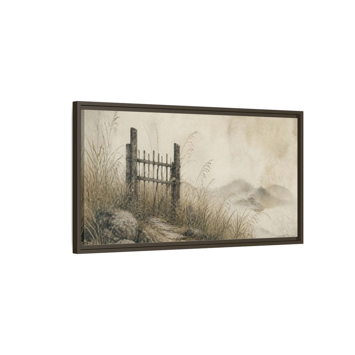 Main Mockup. Wabi Sabi Weathered Gate shown as framed canvas print