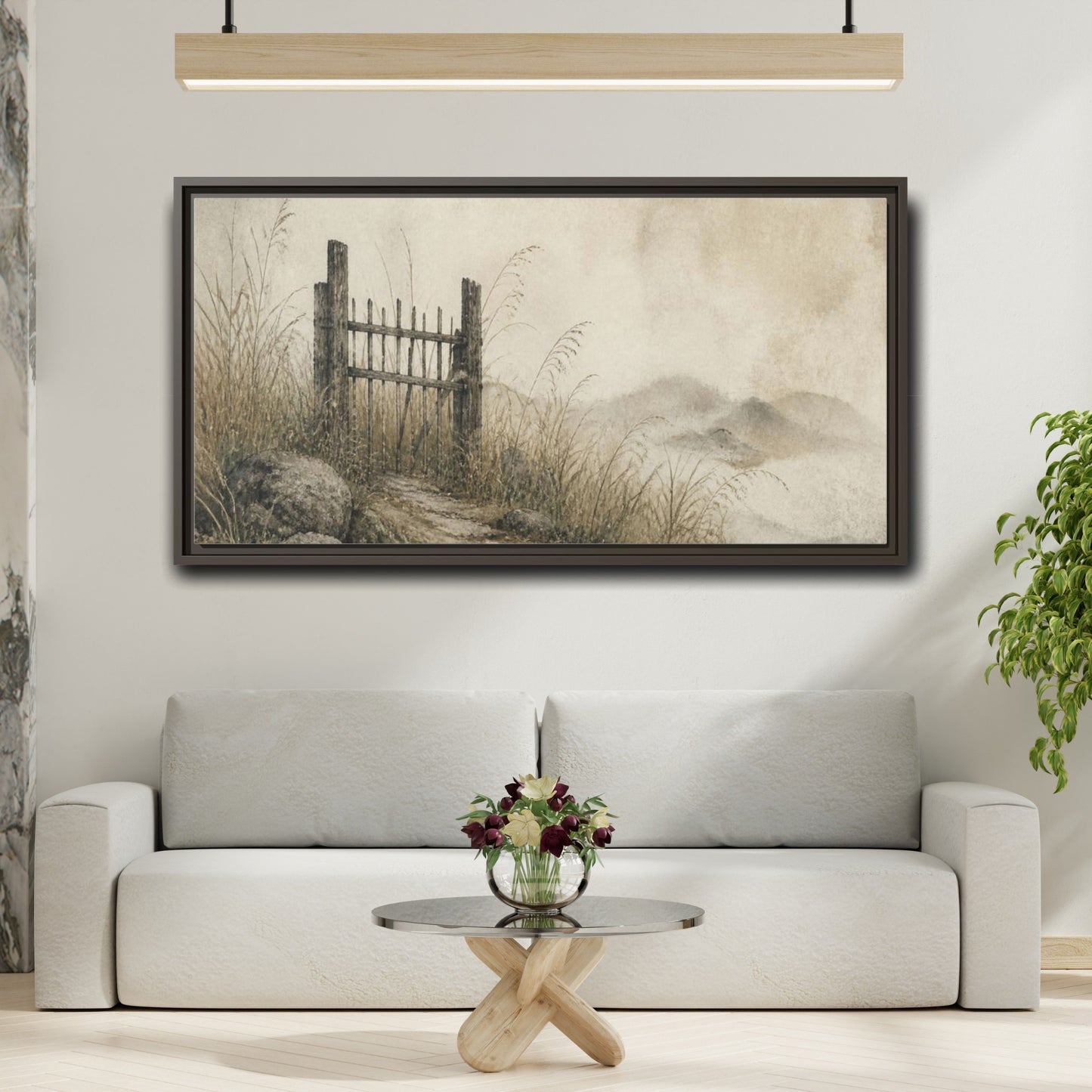 Mockup 2. Wabi Sabi Weathered Gate shown as framed canvas print