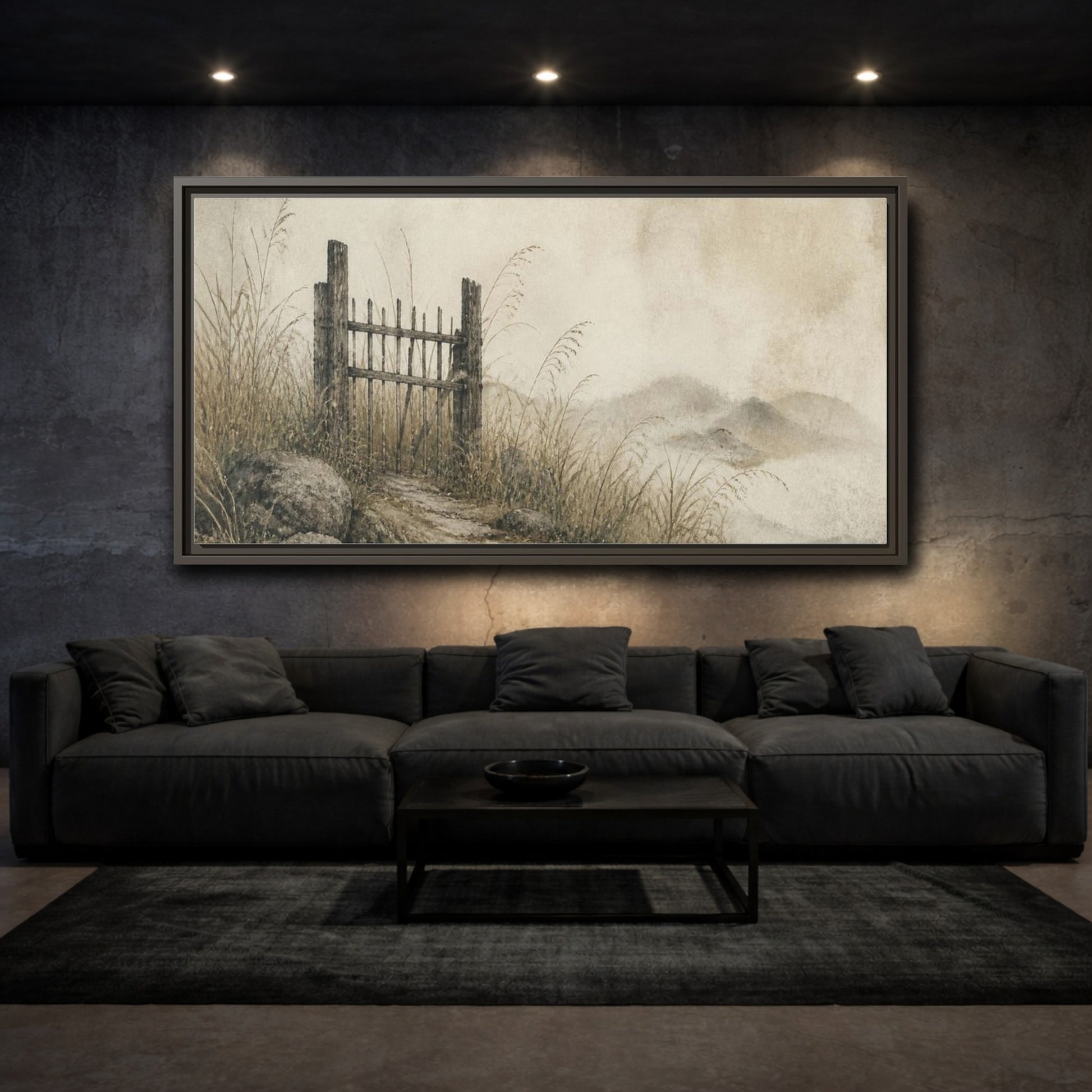 Mockup 3. Wabi Sabi Weathered Gate shown as framed canvas print