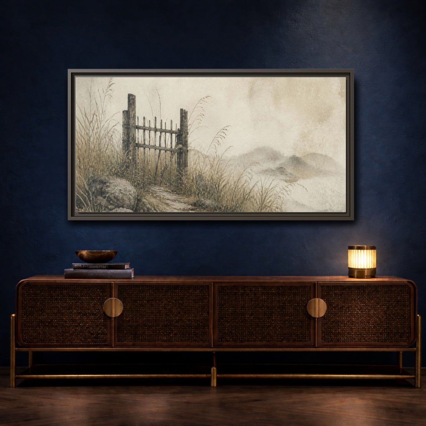 Mockup 4. Wabi Sabi Weathered Gate shown as framed canvas print
