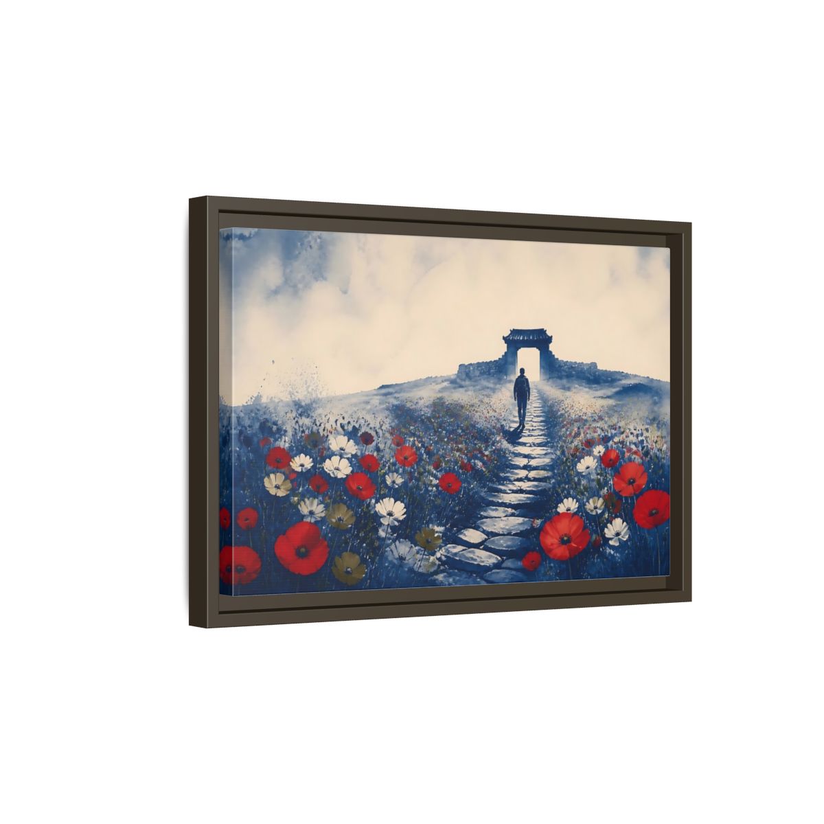 Side Mockup 5. Walker On Poppy Path shown as framed canvas print