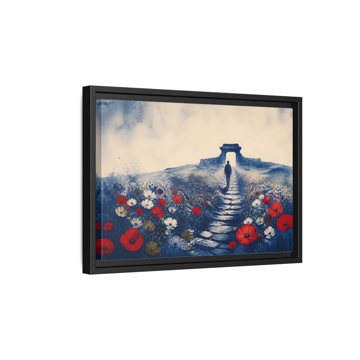 Side Mockup 6. Walker On Poppy Path shown as framed canvas print