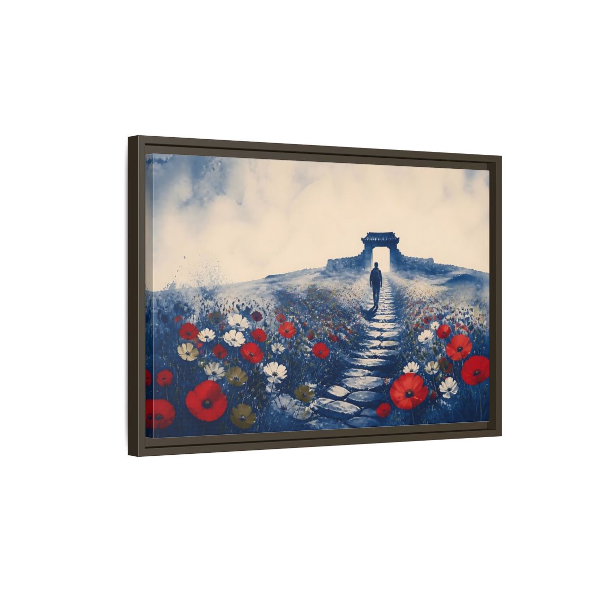 Side Mockup 2. Walker On Poppy Path shown as framed canvas print