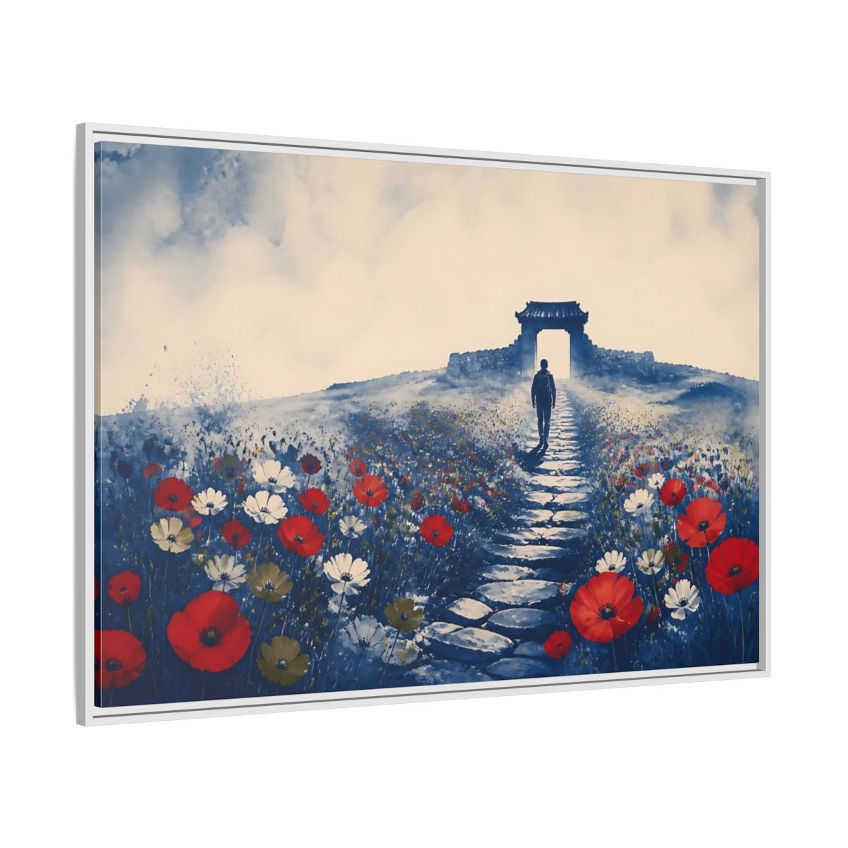 Side Mockup 7. Walker On Poppy Path shown as framed canvas print