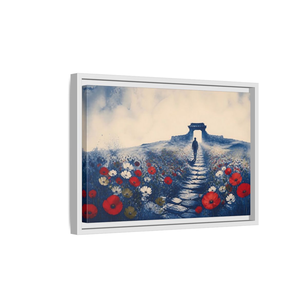 Side Mockup 4. Walker On Poppy Path shown as framed canvas print