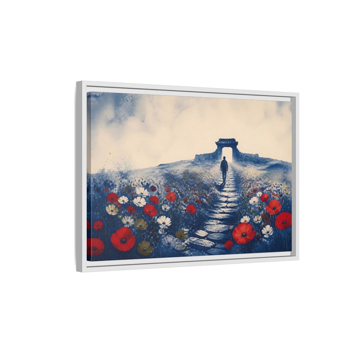 Side Mockup 1. Walker On Poppy Path shown as framed canvas print