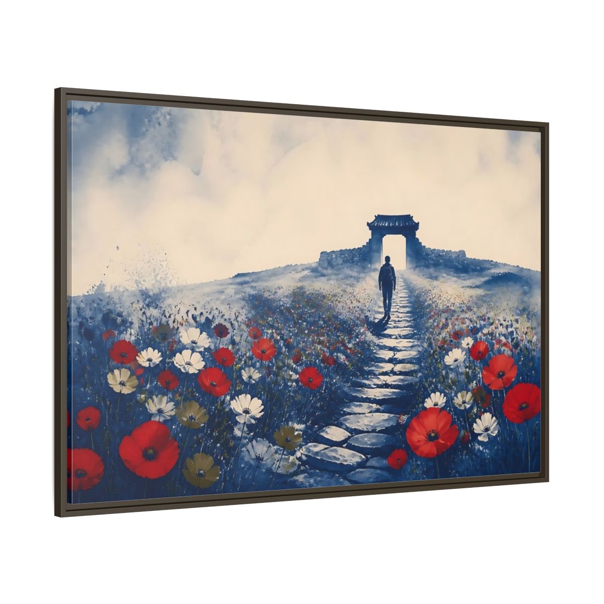 Side Mockup 8. Walker On Poppy Path shown as framed canvas print