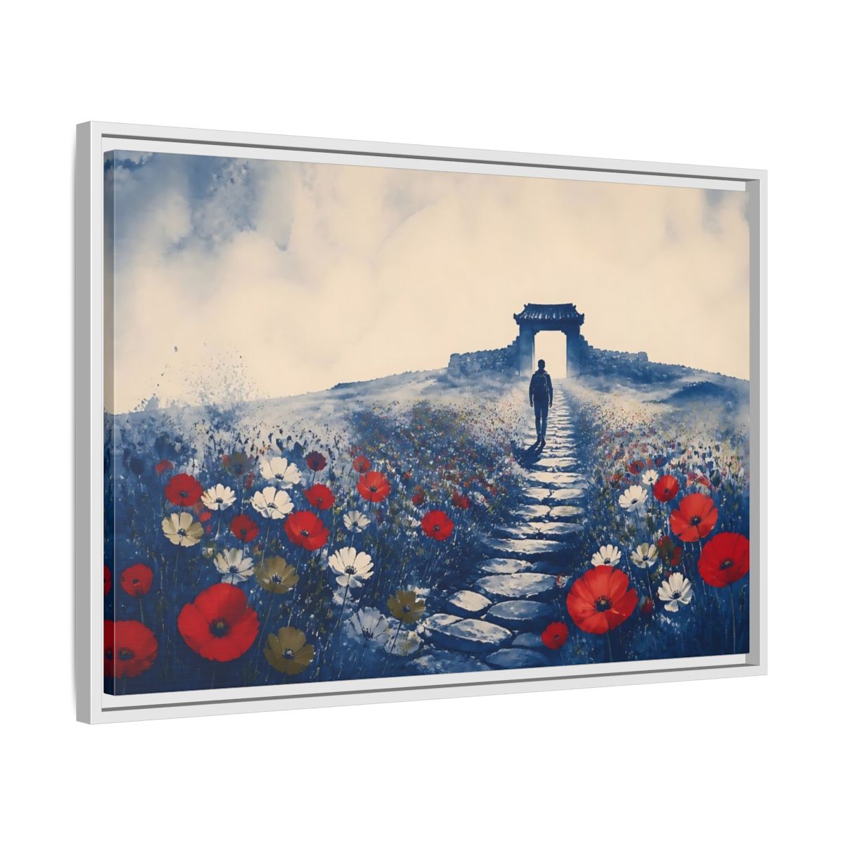 Side Mockup 10. Walker On Poppy Path shown as framed canvas print