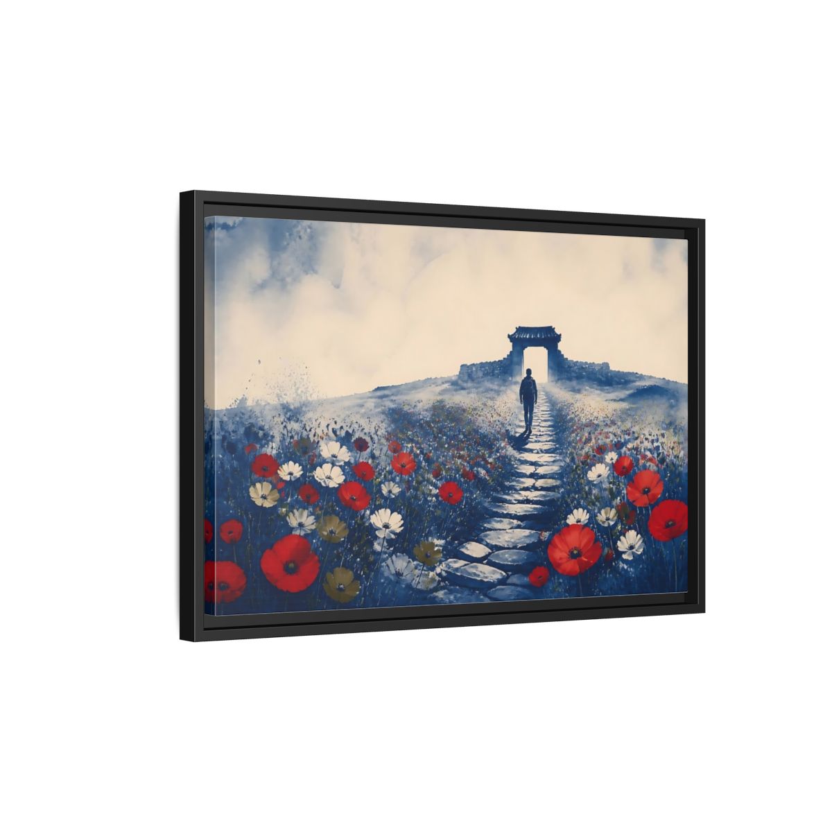 Side Mockup 3. Walker On Poppy Path shown as framed canvas print