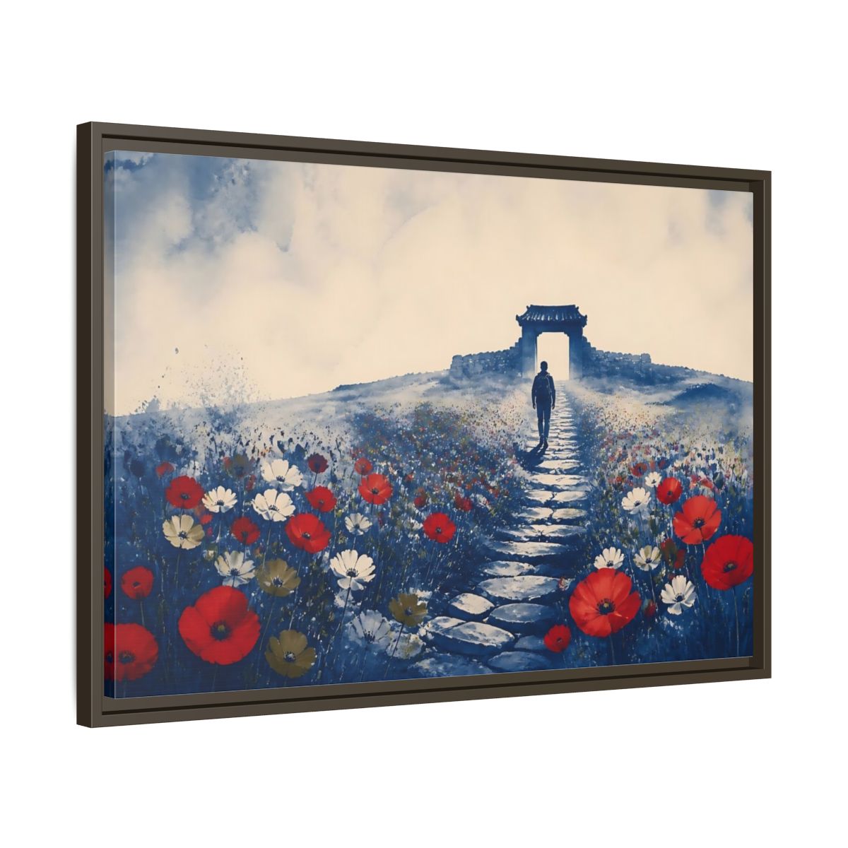 Side Mockup 11. Walker On Poppy Path shown as framed canvas print
