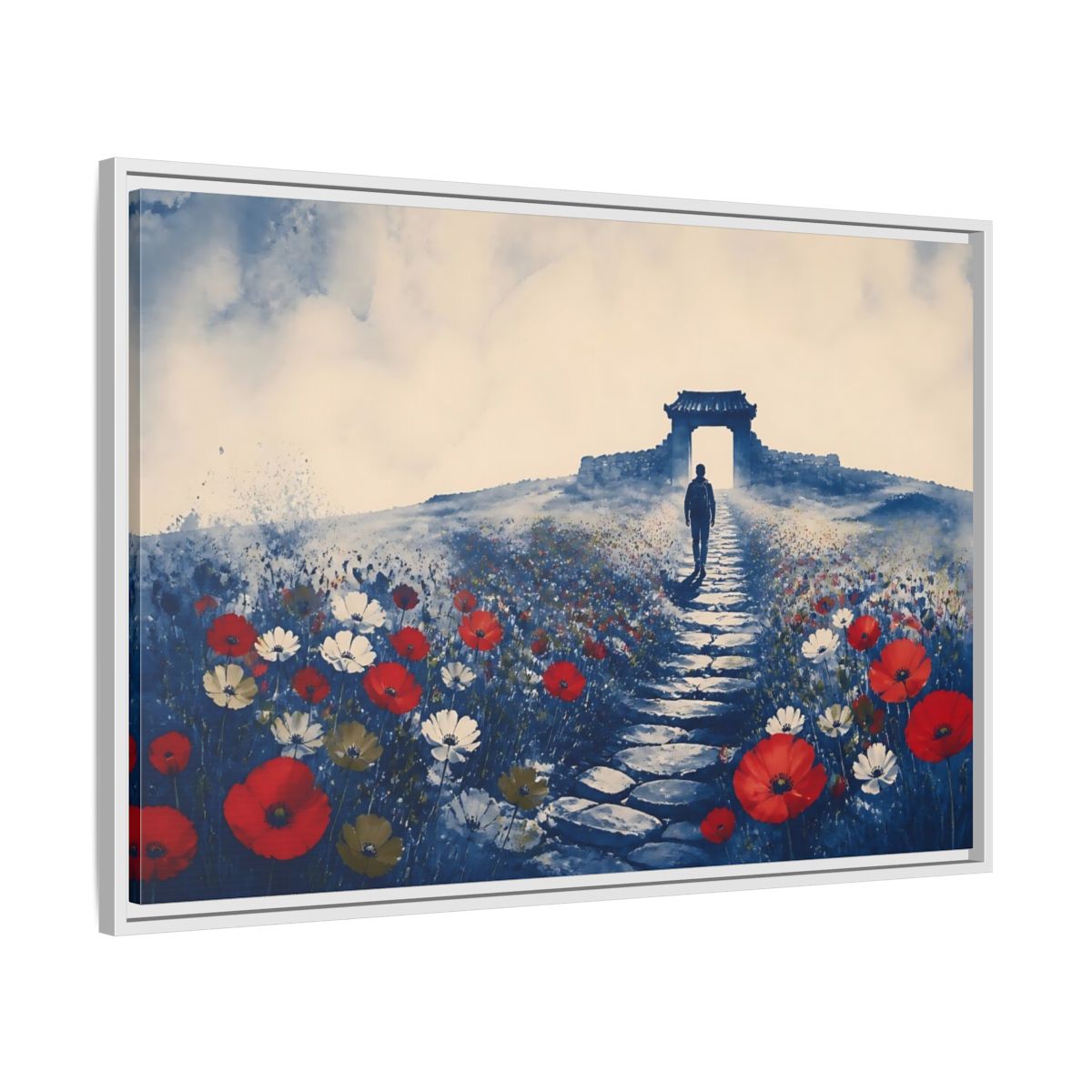 Side Mockup 9. Walker On Poppy Path shown as framed canvas print