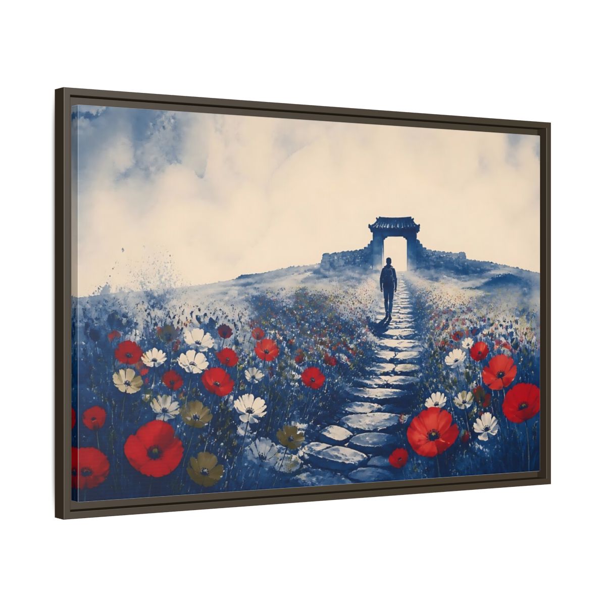 Main Mockup. Walker On Poppy Path shown as framed canvas print