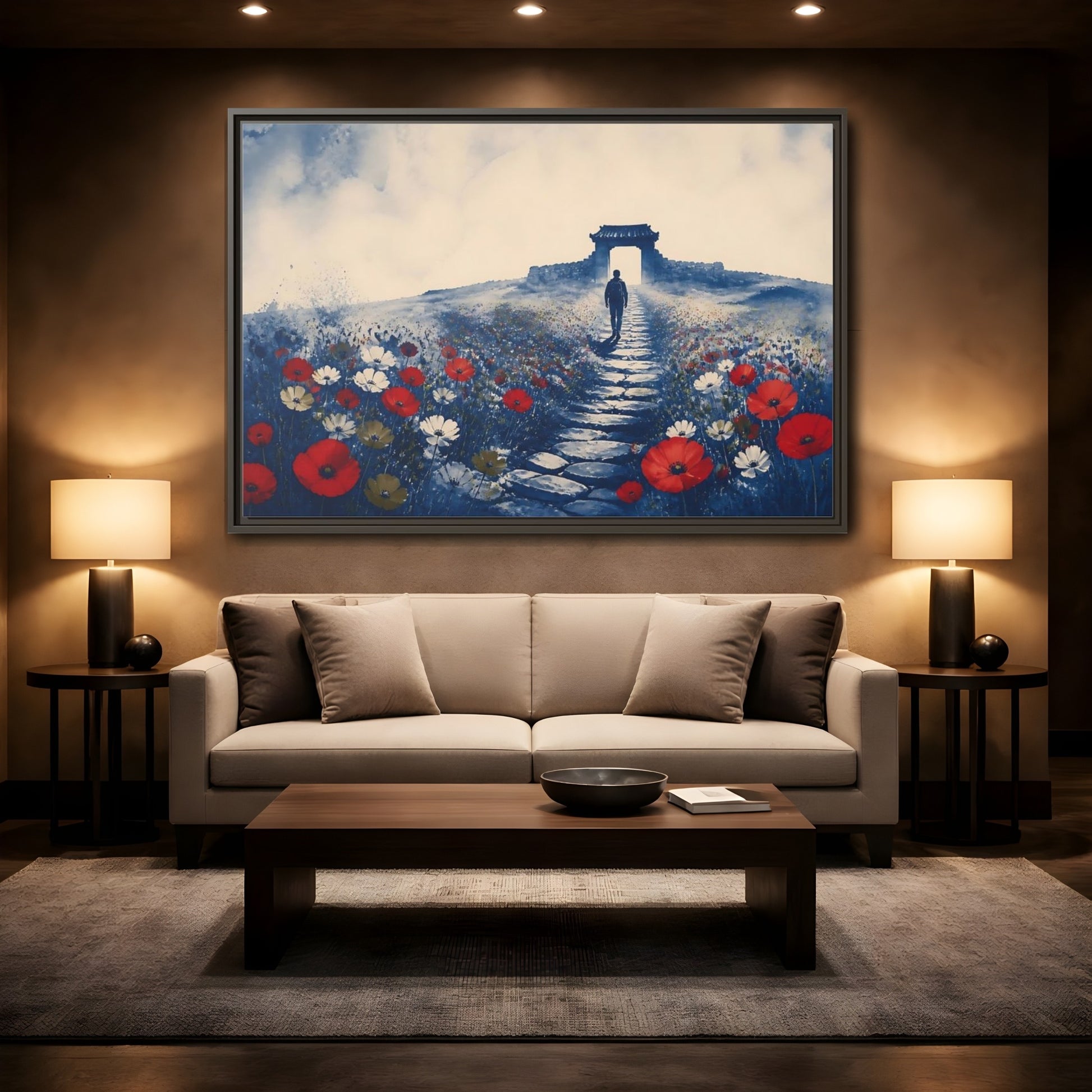 Mockup 2. Walker On Poppy Path shown as framed canvas print
