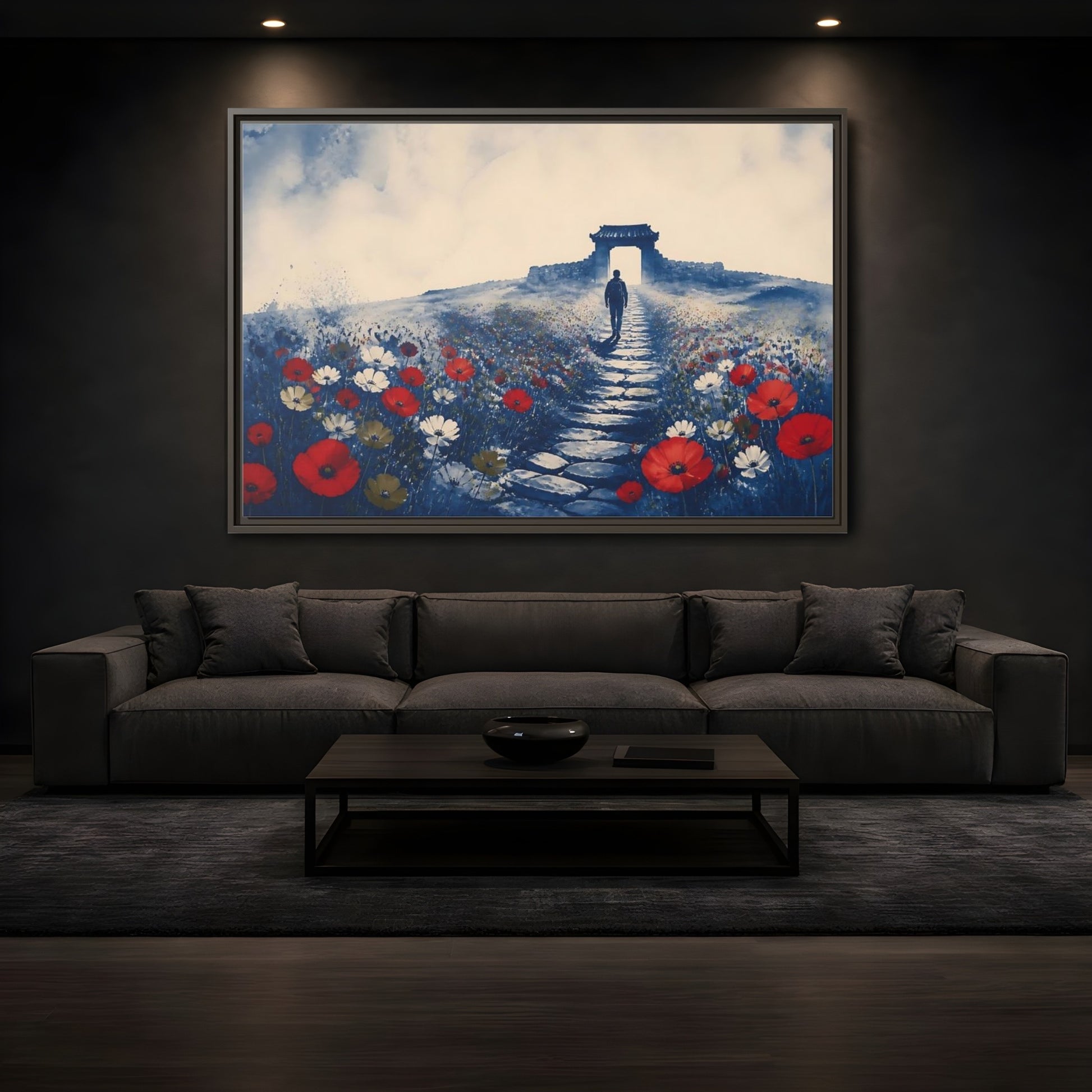 Mockup 3. Walker On Poppy Path shown as framed canvas print