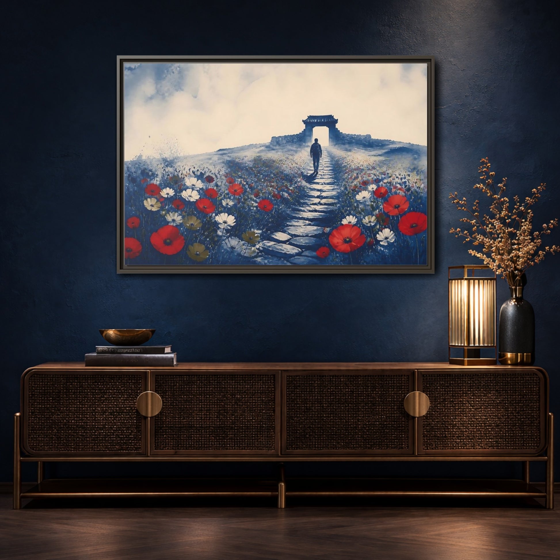 Mockup 4. Walker On Poppy Path shown as framed canvas print