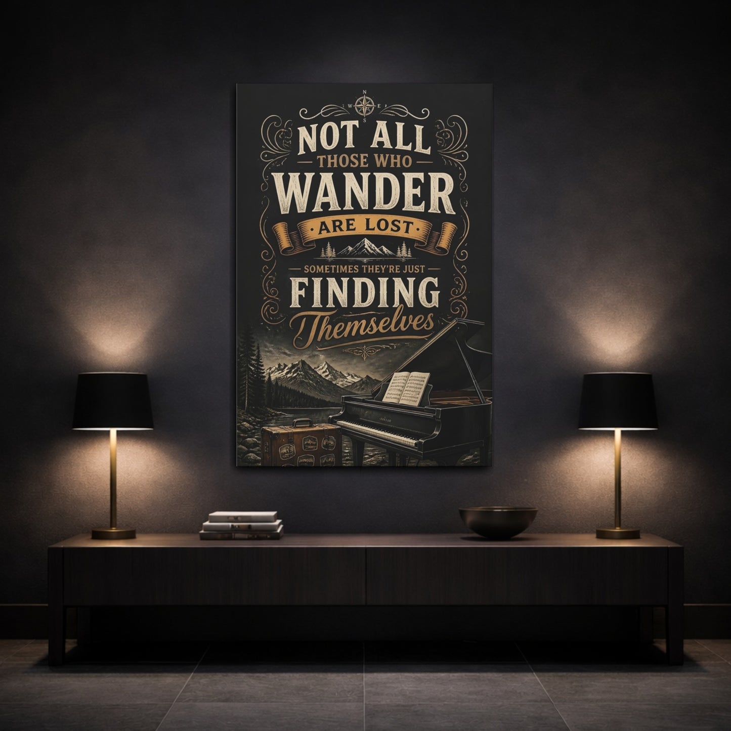 Mockup 3. Wander Quote Piano shown as canvas print