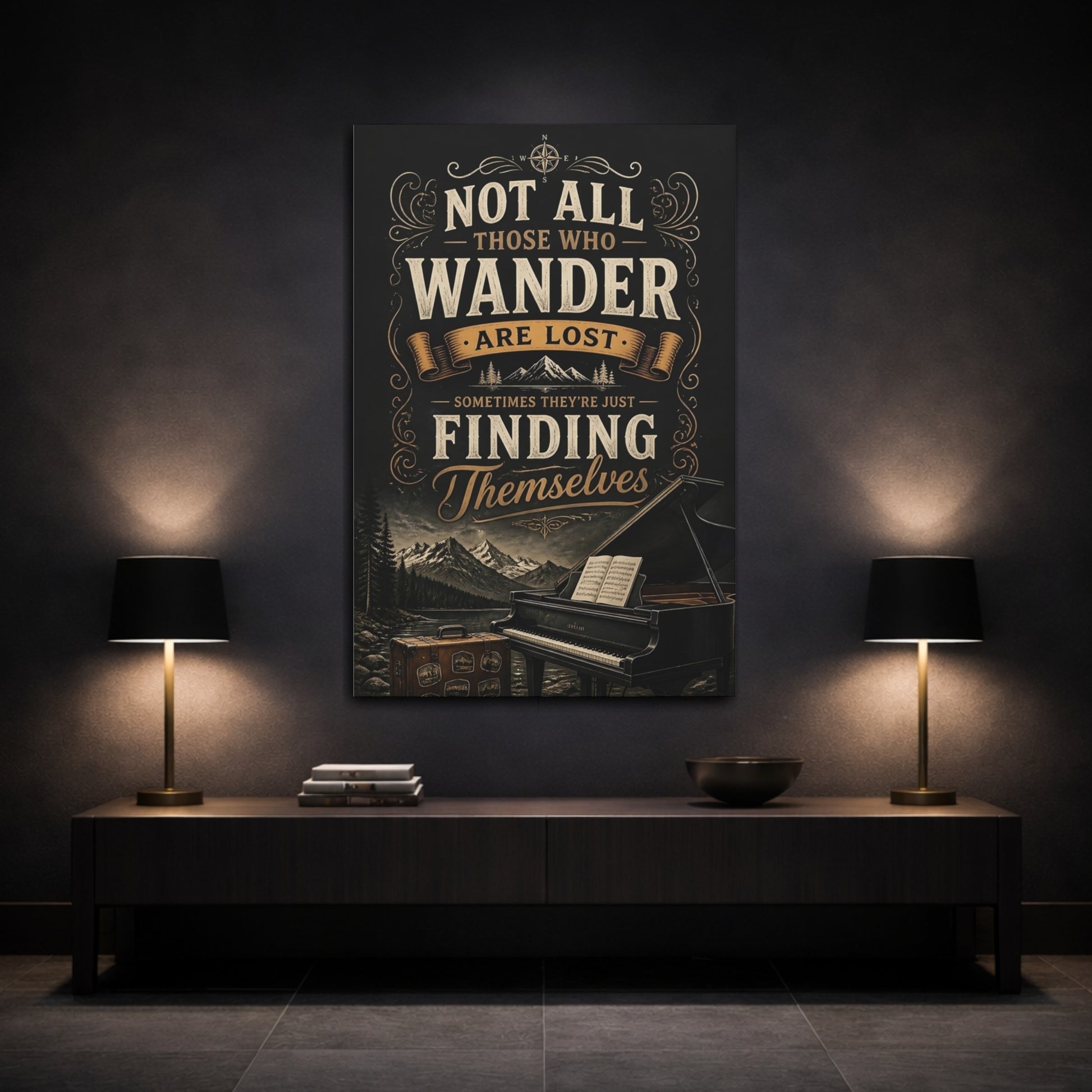 Mockup 3. Wander Quote Piano shown as canvas print