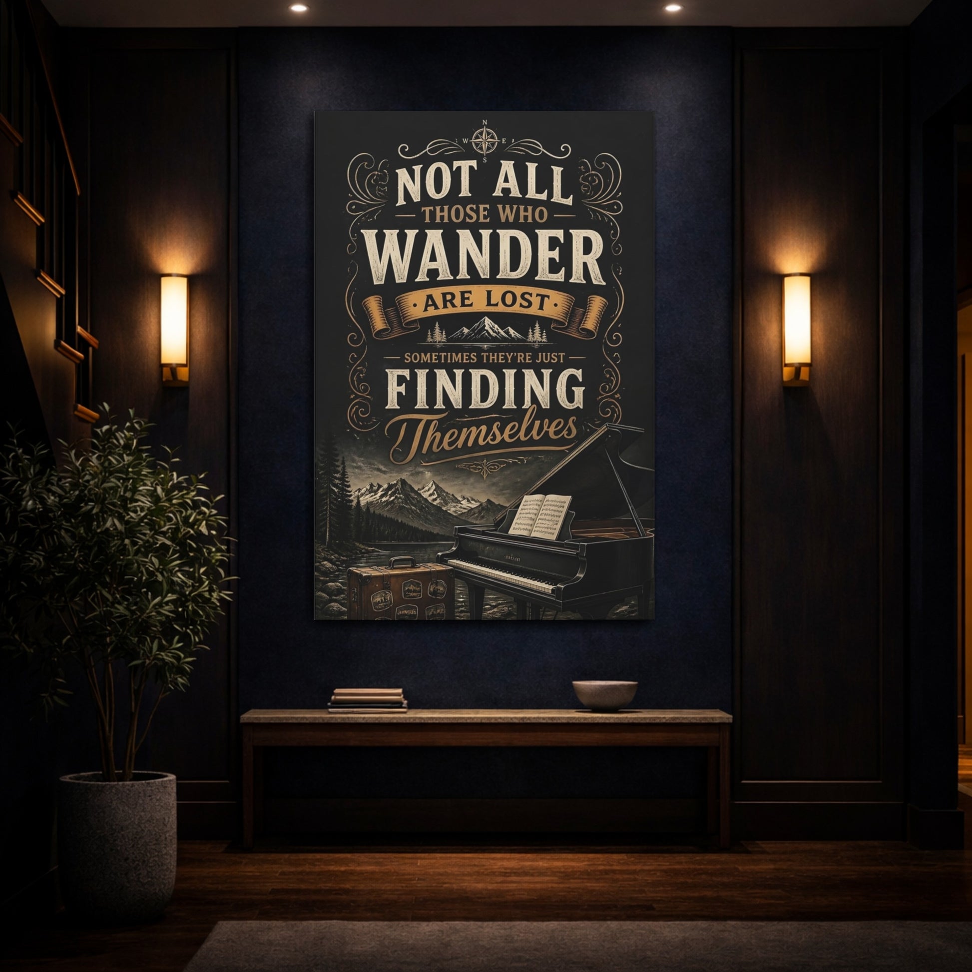 Mockup 4. Wander Quote Piano shown as canvas print