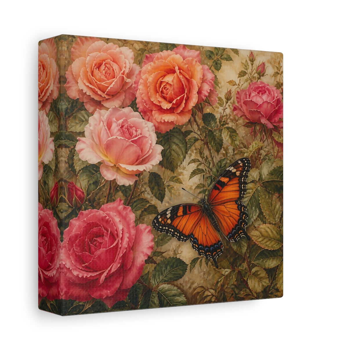 Side Mockup 2. Warm Rustic Realism Butterfly Among Garden Roses shown as stretched canvas wall art