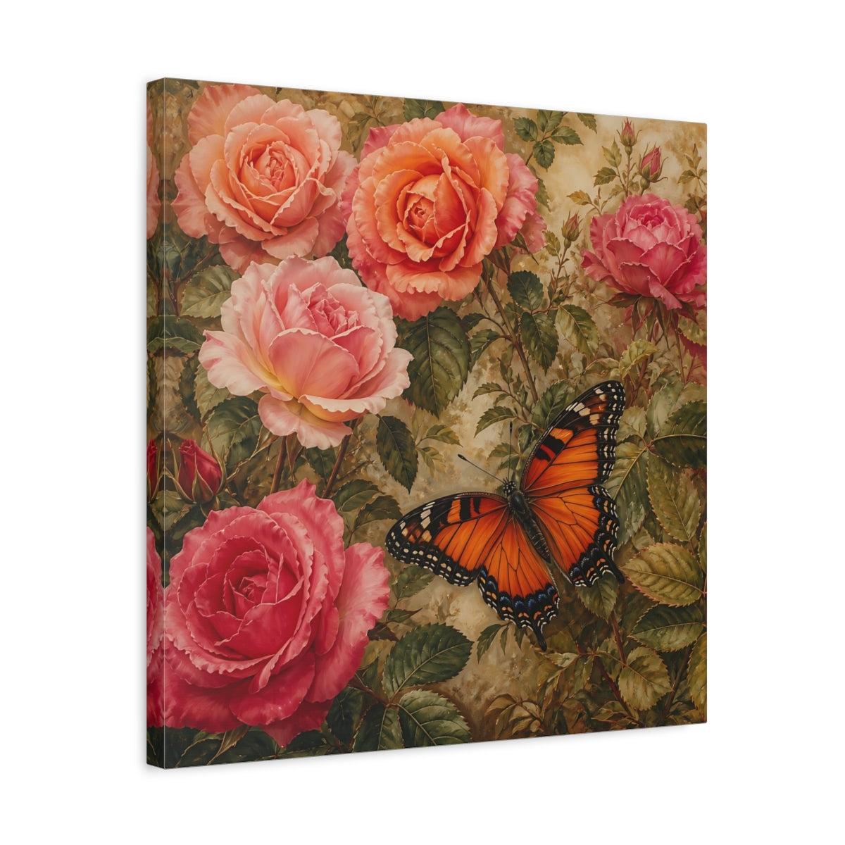 Side Mockup 5. Warm Rustic Realism Butterfly Among Garden Roses shown as stretched canvas wall art