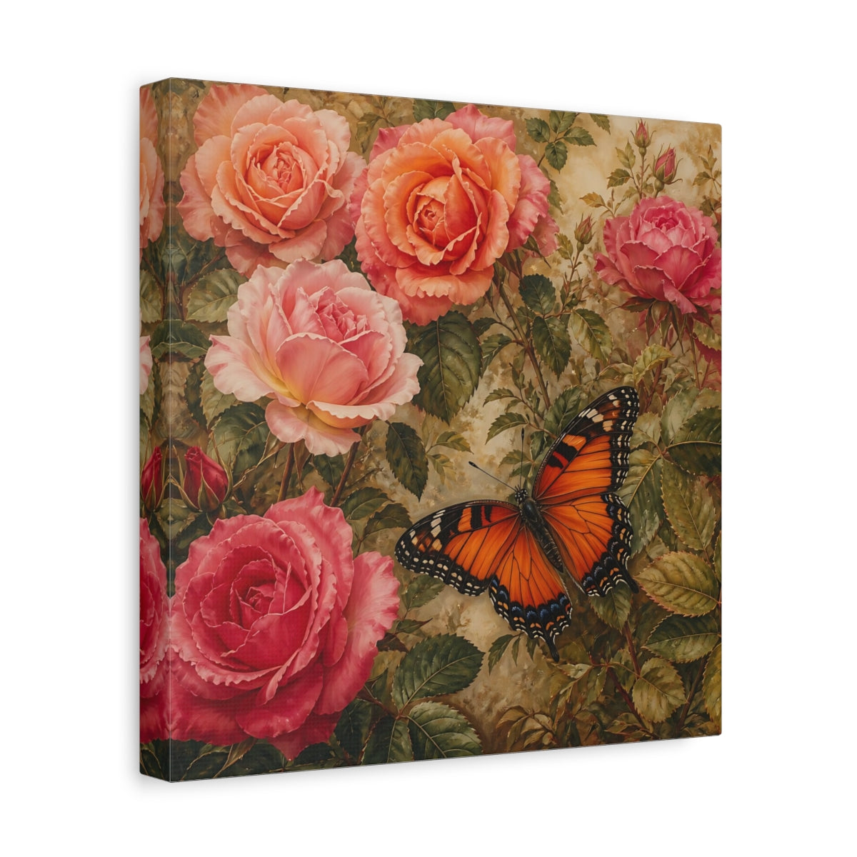 Side Mockup 8. Warm Rustic Realism Butterfly Among Garden Roses shown as stretched canvas wall art