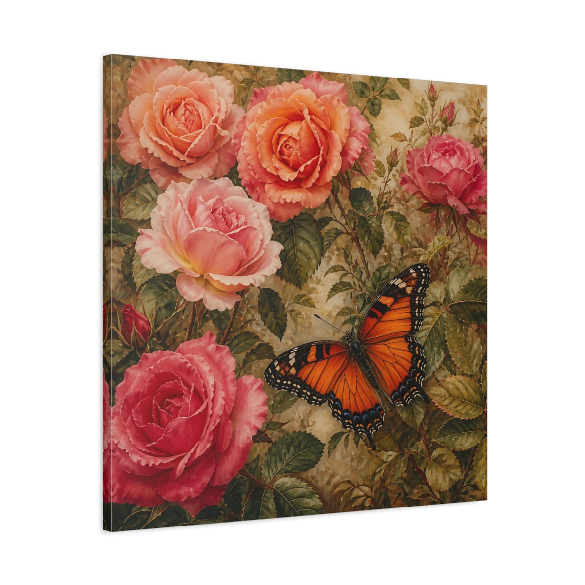 Side Mockup 3. Warm Rustic Realism Butterfly Among Garden Roses shown as stretched canvas wall art