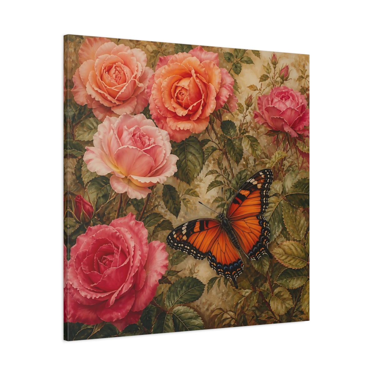 Side Mockup 1. Warm Rustic Realism Butterfly Among Garden Roses shown as stretched canvas wall art