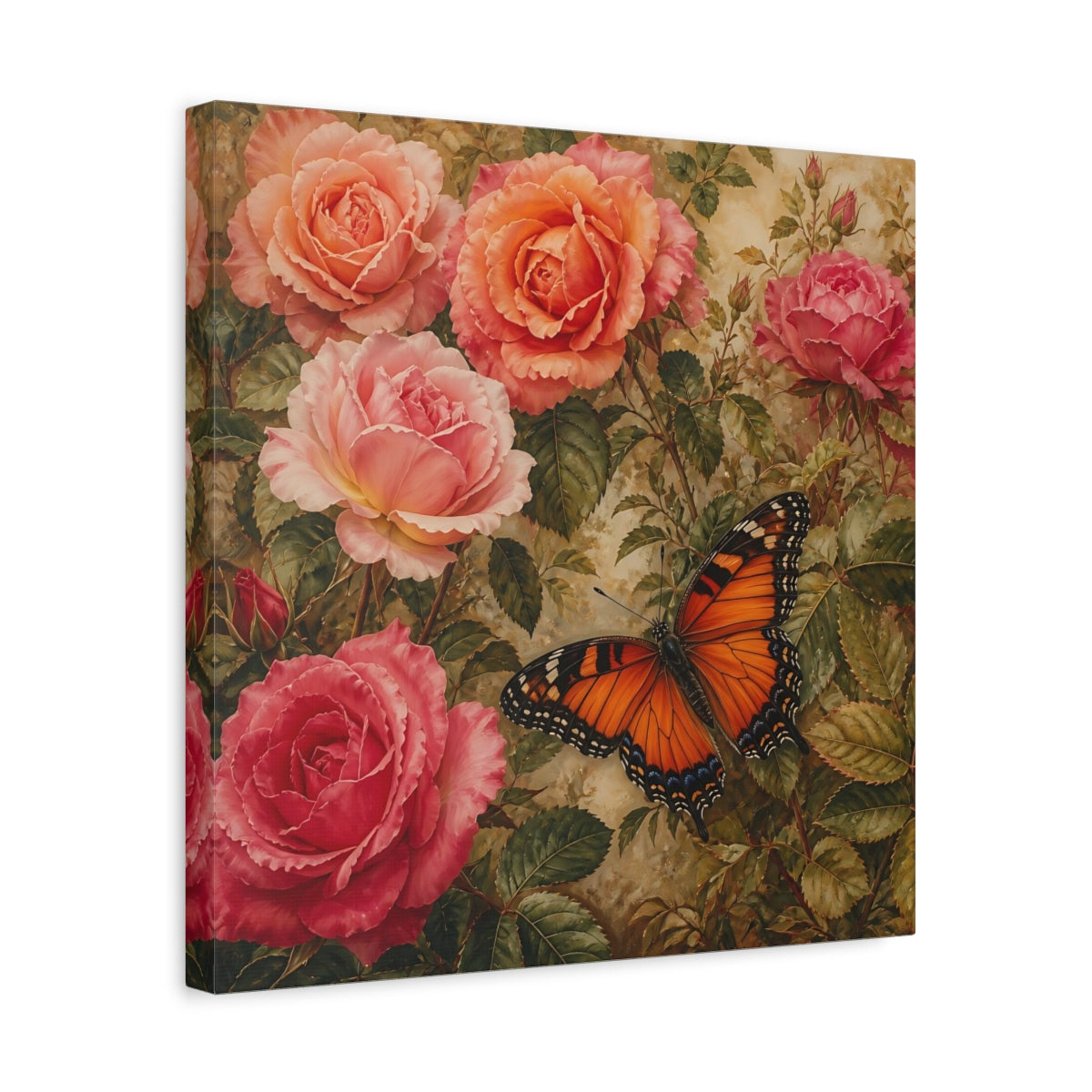 Side Mockup 6. Warm Rustic Realism Butterfly Among Garden Roses shown as stretched canvas wall art