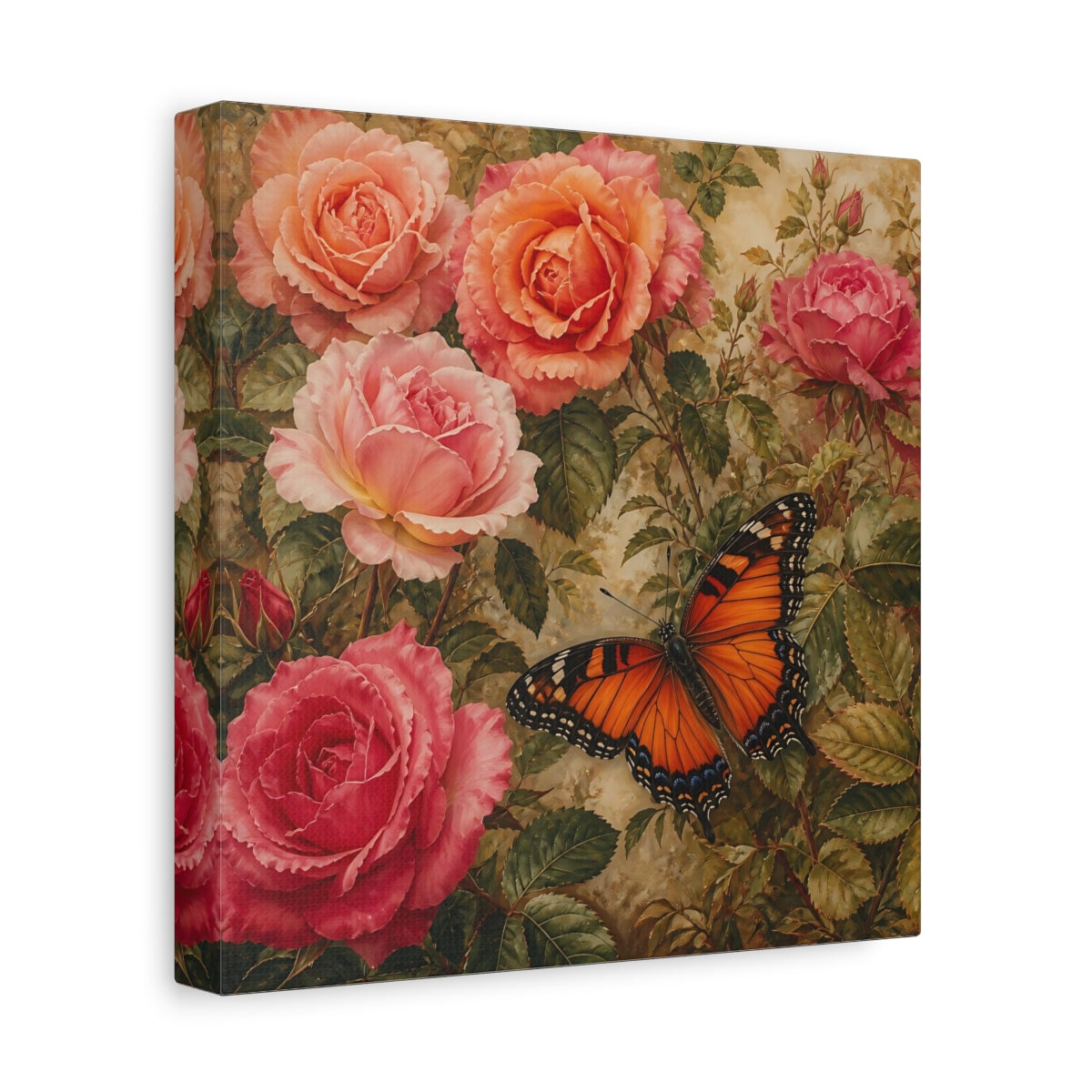Side Mockup 9. Warm Rustic Realism Butterfly Among Garden Roses shown as stretched canvas wall art