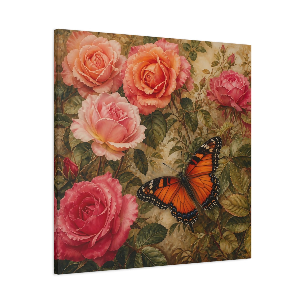 Main Mockup. Warm Rustic Realism Butterfly Among Garden Roses shown as stretched canvas wall art