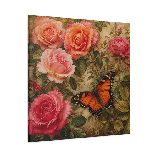 Main Mockup. Warm Rustic Realism Butterfly Among Garden Roses shown as stretched canvas wall art
