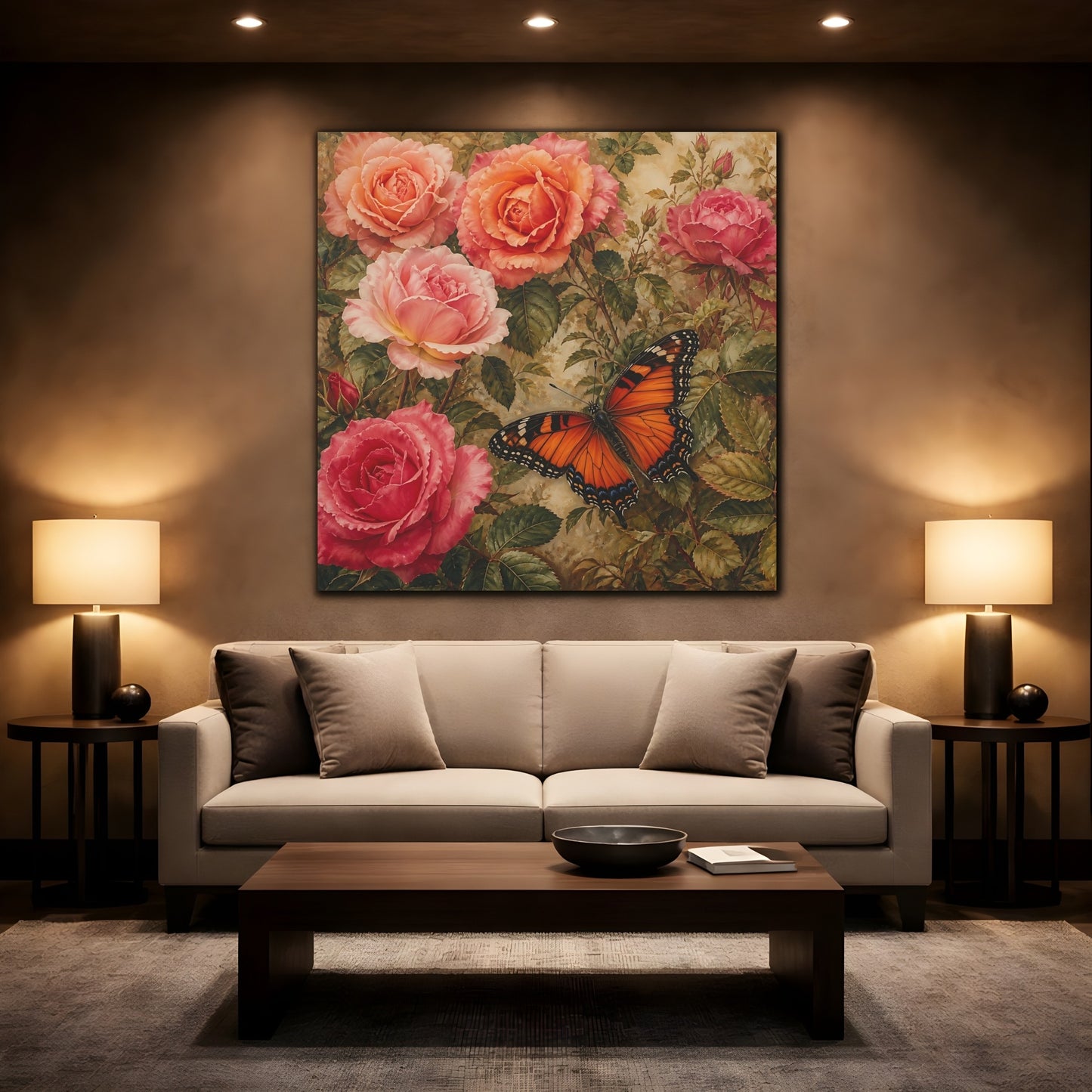 Mockup 2. Warm Rustic Realism Butterfly Among Garden Roses shown as stretched canvas wall art