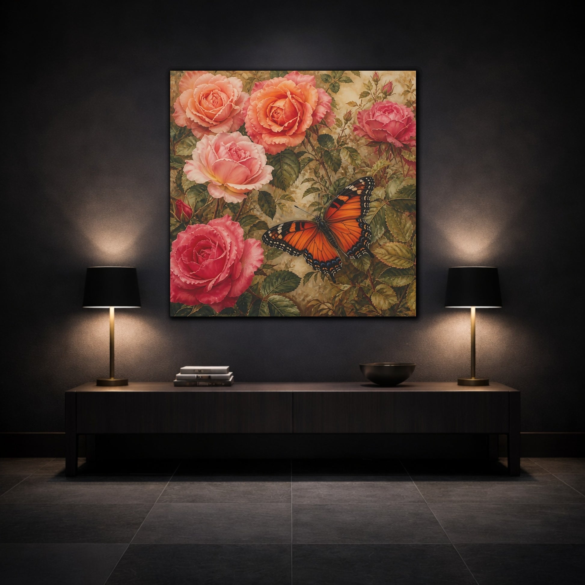 Mockup 3. Warm Rustic Realism Butterfly Among Garden Roses shown as stretched canvas wall art