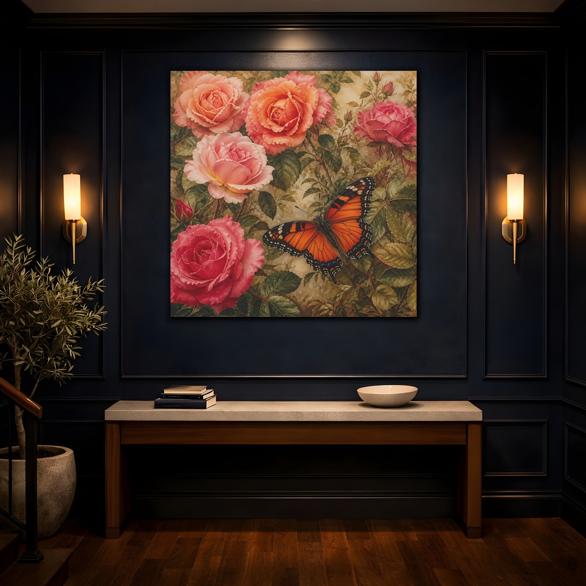 Mockup 4. Warm Rustic Realism Butterfly Among Garden Roses shown as stretched canvas wall art