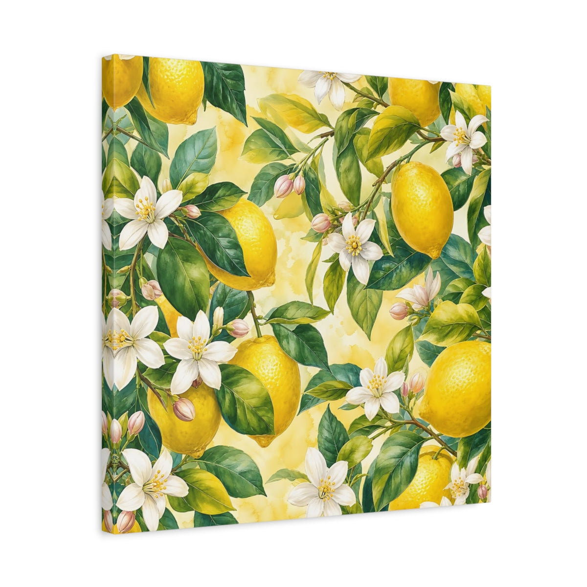Side Mockup 5. Warm Rustic Realism Lemon Branches With White Blossoms shown as stretched canvas wall art