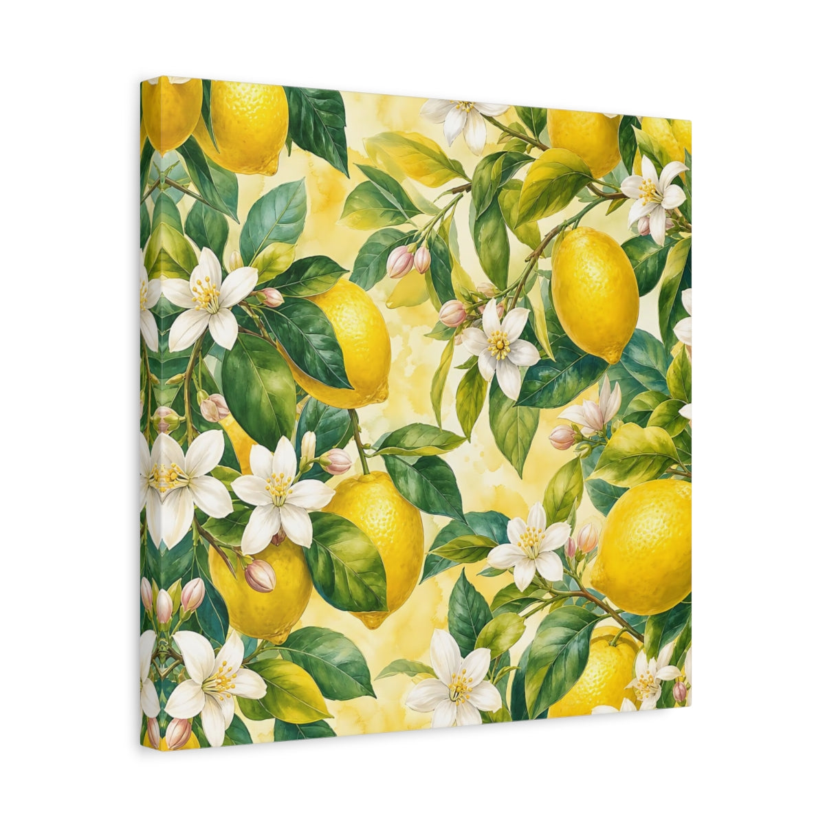 Side Mockup 6. Warm Rustic Realism Lemon Branches With White Blossoms shown as stretched canvas wall art