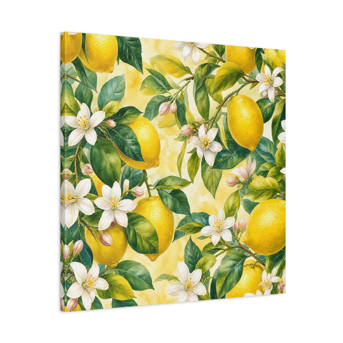 Side Mockup 3. Warm Rustic Realism Lemon Branches With White Blossoms shown as stretched canvas wall art