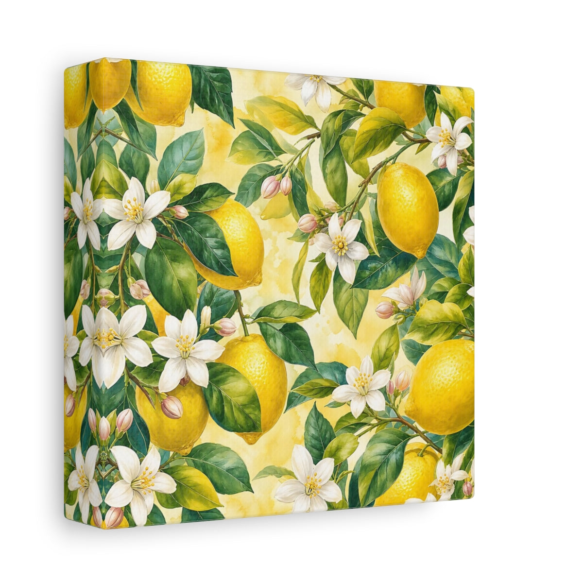Side Mockup 2. Warm Rustic Realism Lemon Branches With White Blossoms shown as stretched canvas wall art