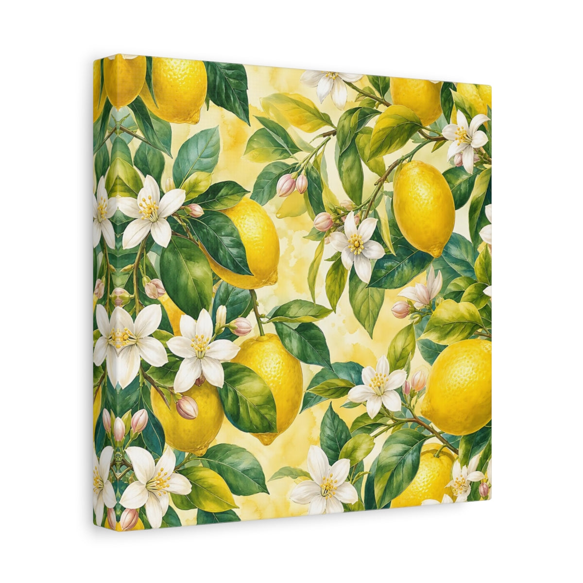 Side Mockup 9. Warm Rustic Realism Lemon Branches With White Blossoms shown as stretched canvas wall art