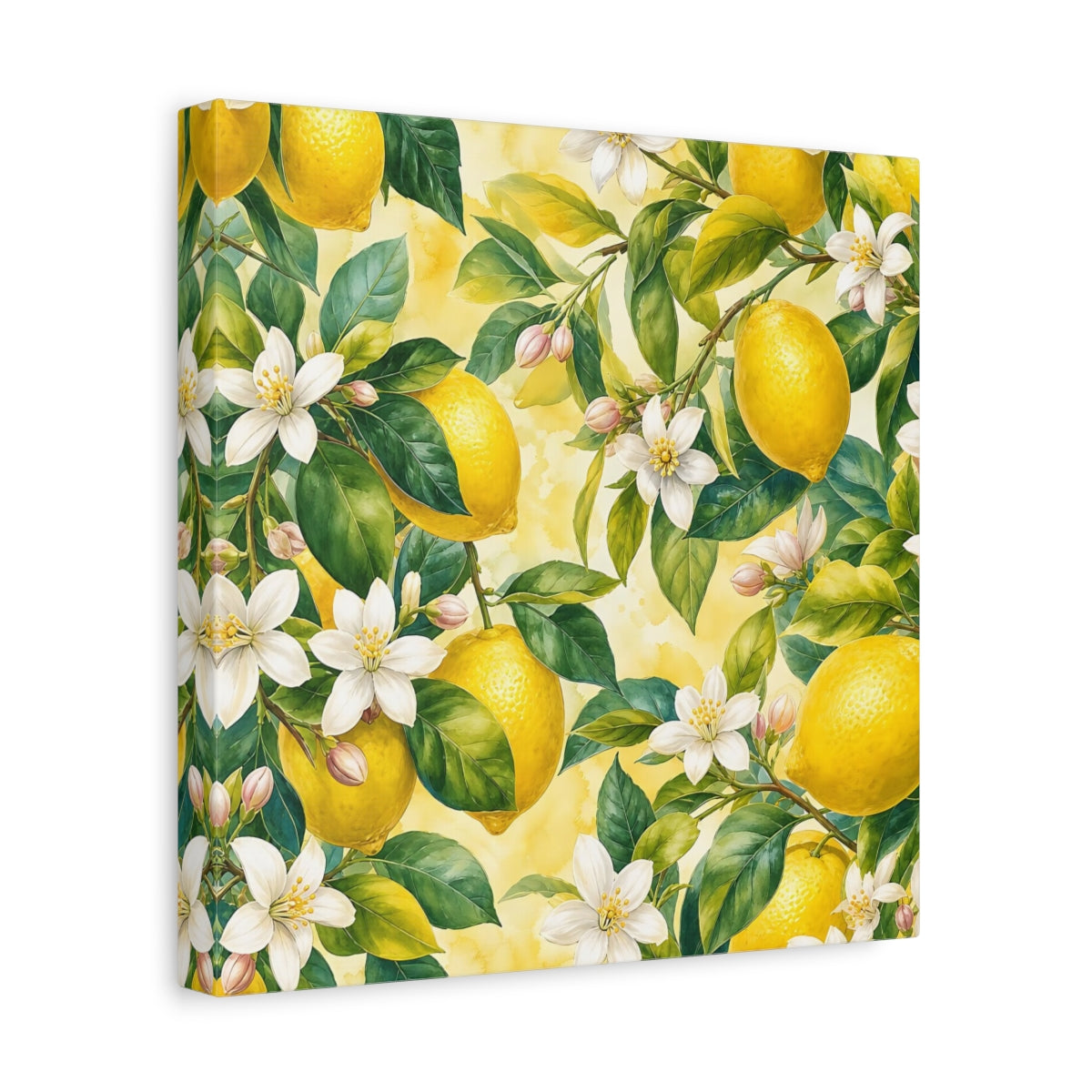 Side Mockup 8. Warm Rustic Realism Lemon Branches With White Blossoms shown as stretched canvas wall art