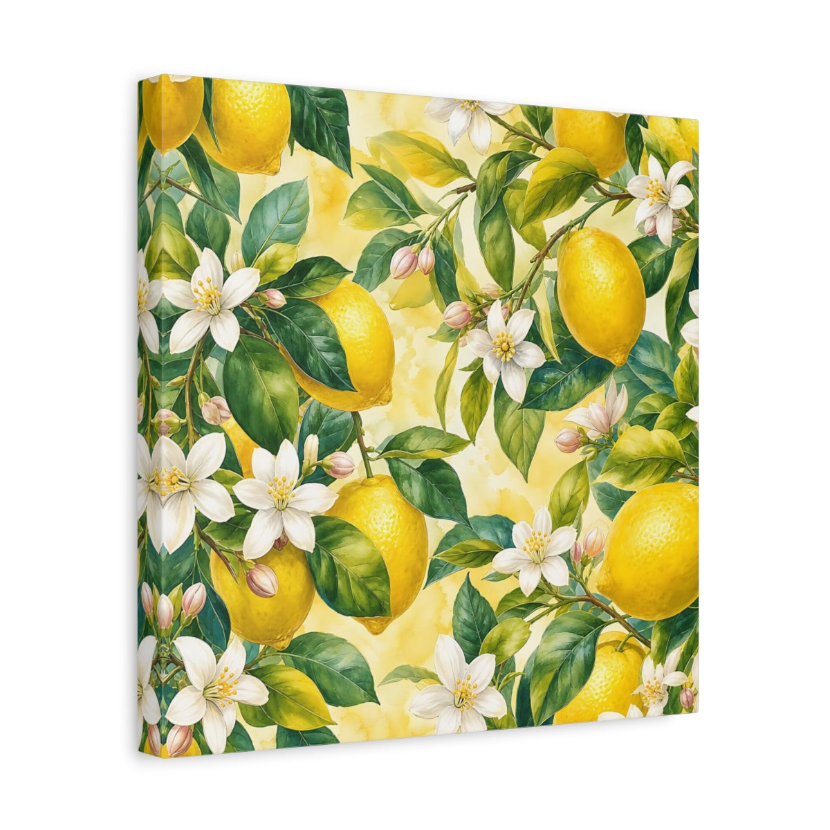 Side Mockup 7. Warm Rustic Realism Lemon Branches With White Blossoms shown as stretched canvas wall art
