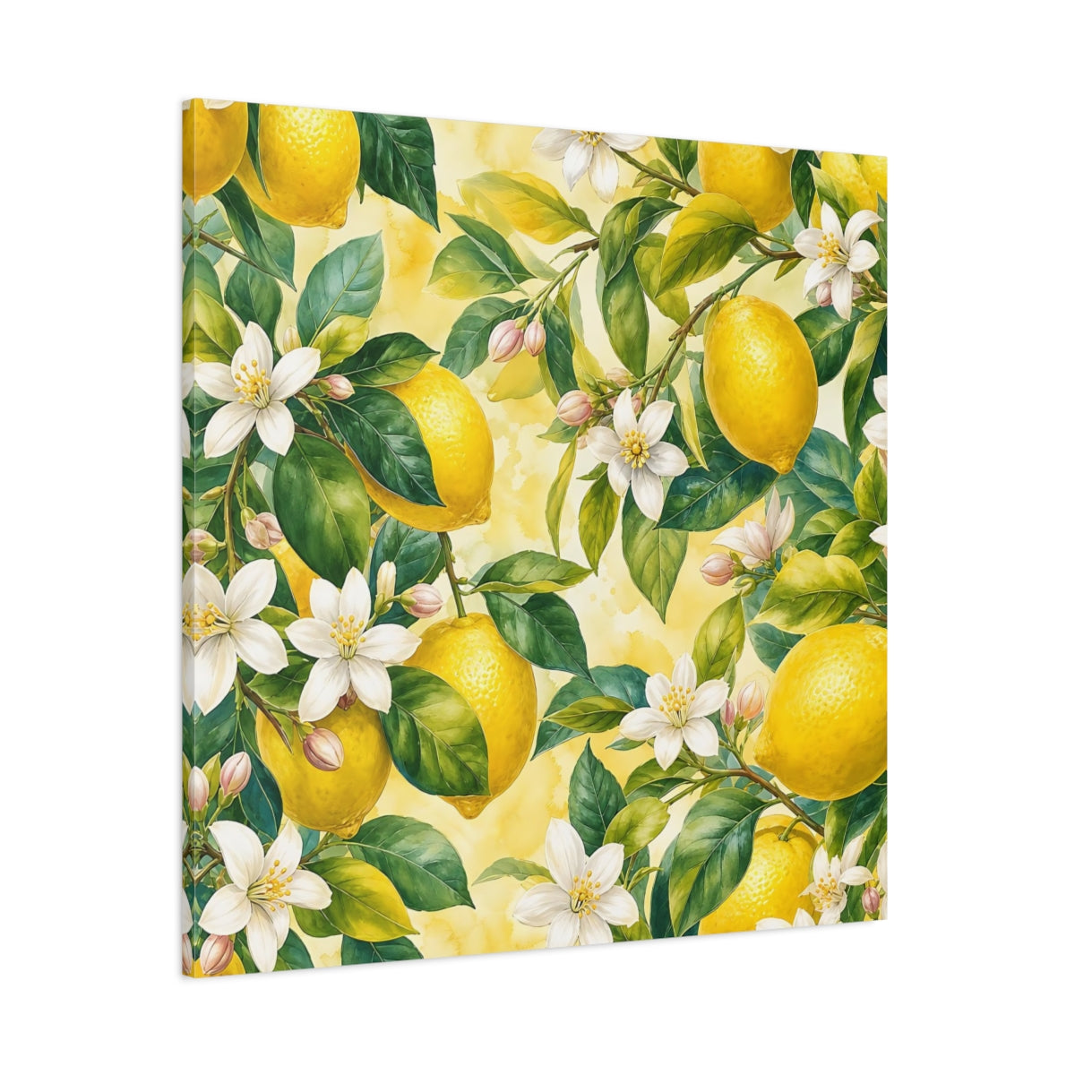 Side Mockup 1. Warm Rustic Realism Lemon Branches With White Blossoms shown as stretched canvas wall art