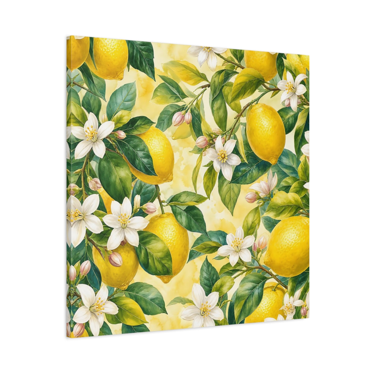 Main Mockup. Warm Rustic Realism Lemon Branches With White Blossoms shown as stretched canvas wall art