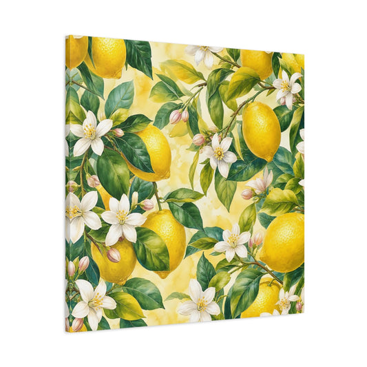 Main Mockup. Warm Rustic Realism Lemon Branches With White Blossoms shown as stretched canvas wall art