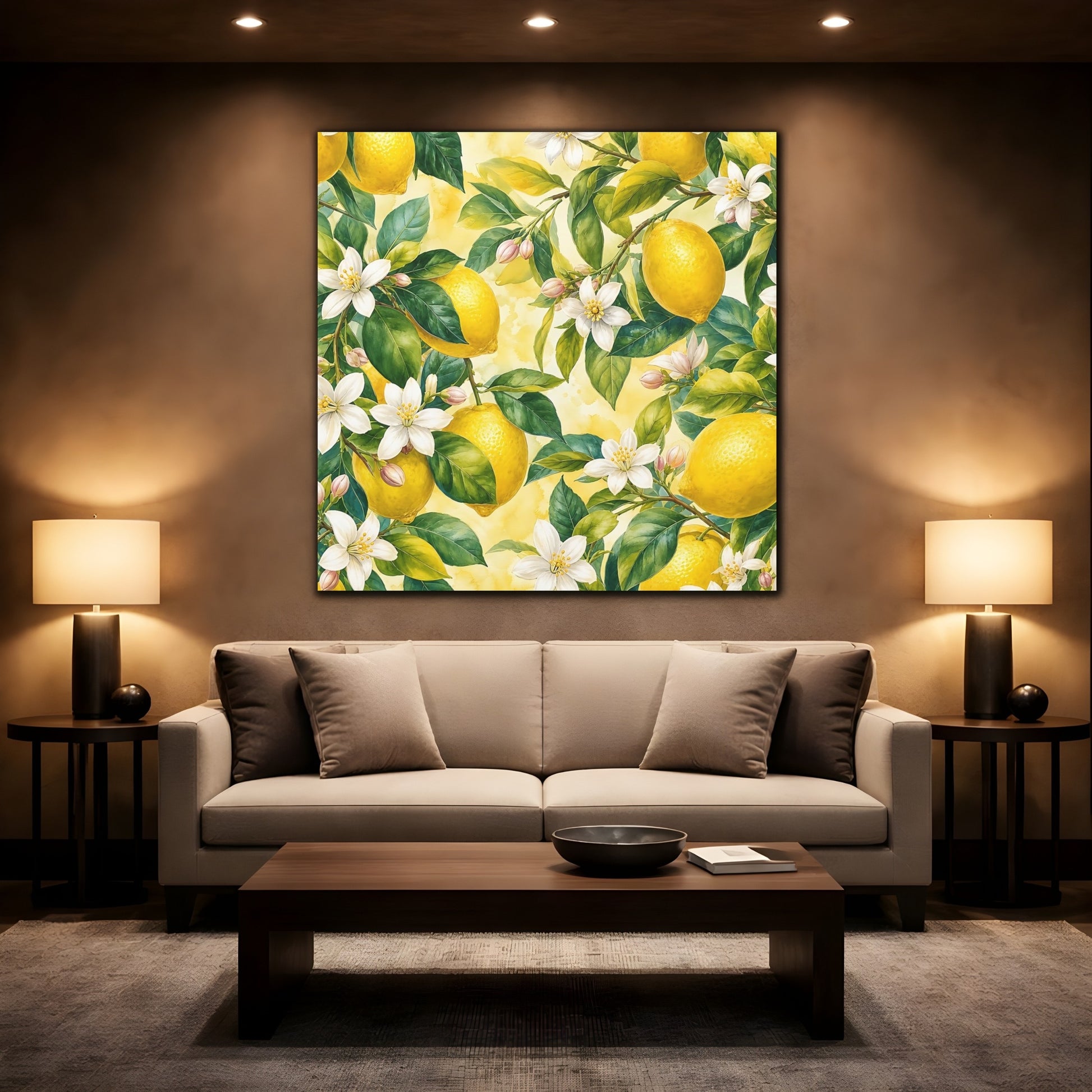 Mockup 2. Warm Rustic Realism Lemon Branches With White Blossoms shown as stretched canvas wall art