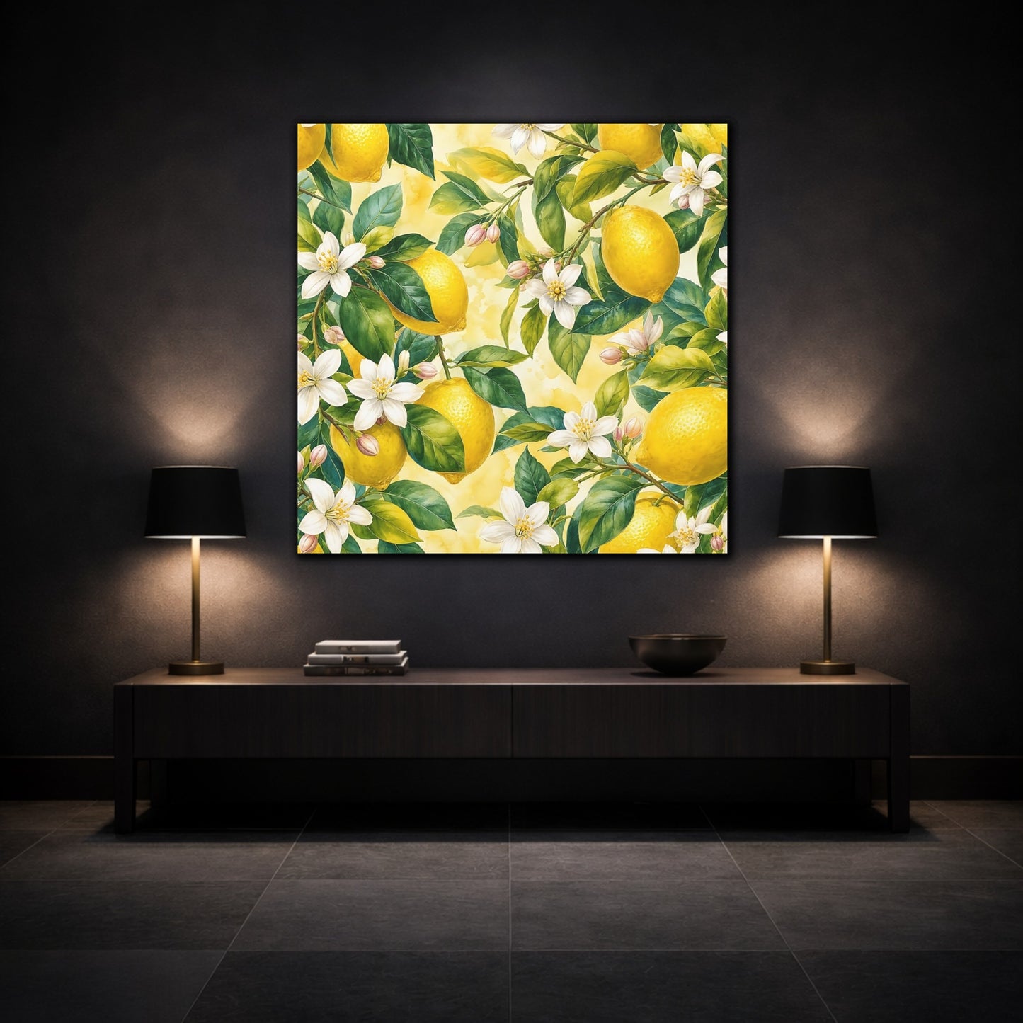 Mockup 3. Warm Rustic Realism Lemon Branches With White Blossoms shown as stretched canvas wall art