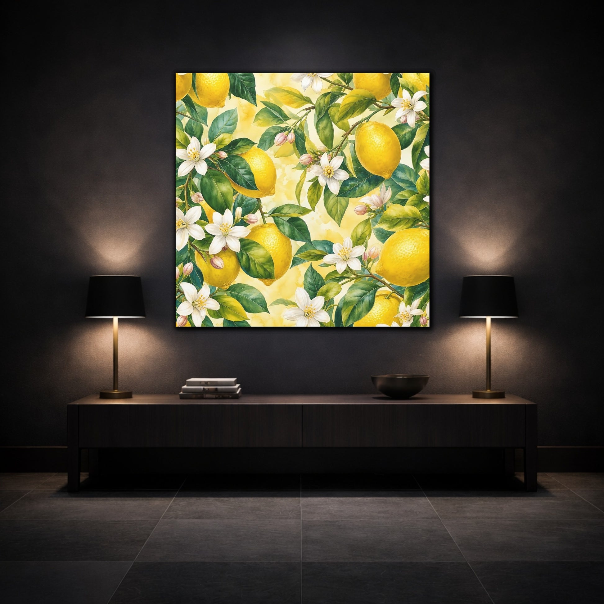 Mockup 3. Warm Rustic Realism Lemon Branches With White Blossoms shown as stretched canvas wall art