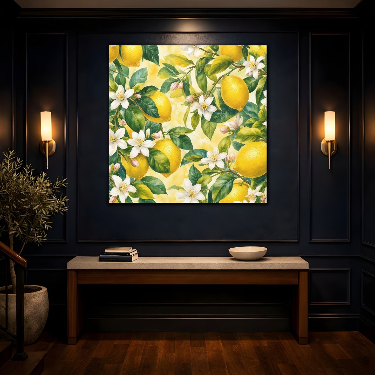 Mockup 4. Warm Rustic Realism Lemon Branches With White Blossoms shown as stretched canvas wall art