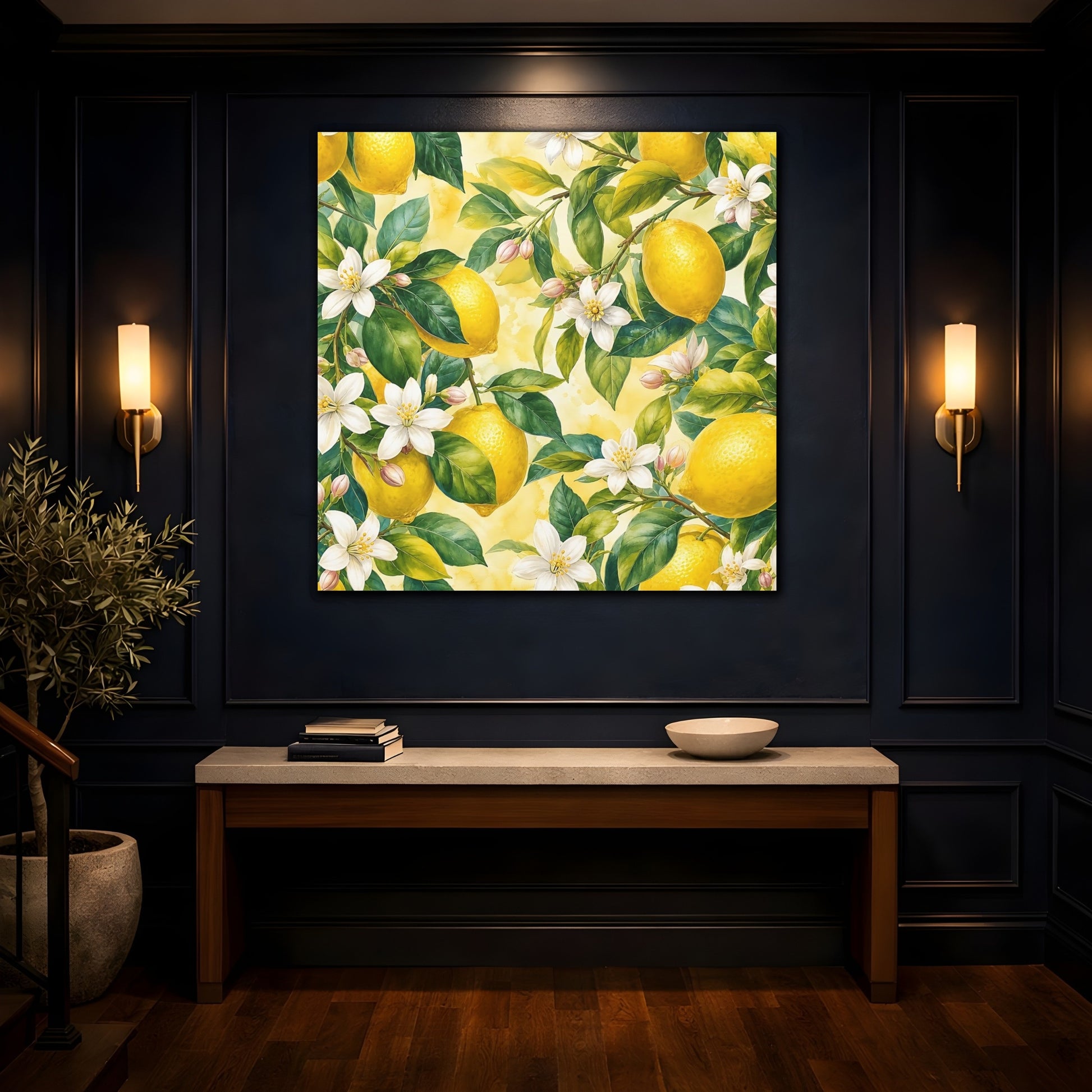 Mockup 4. Warm Rustic Realism Lemon Branches With White Blossoms shown as stretched canvas wall art