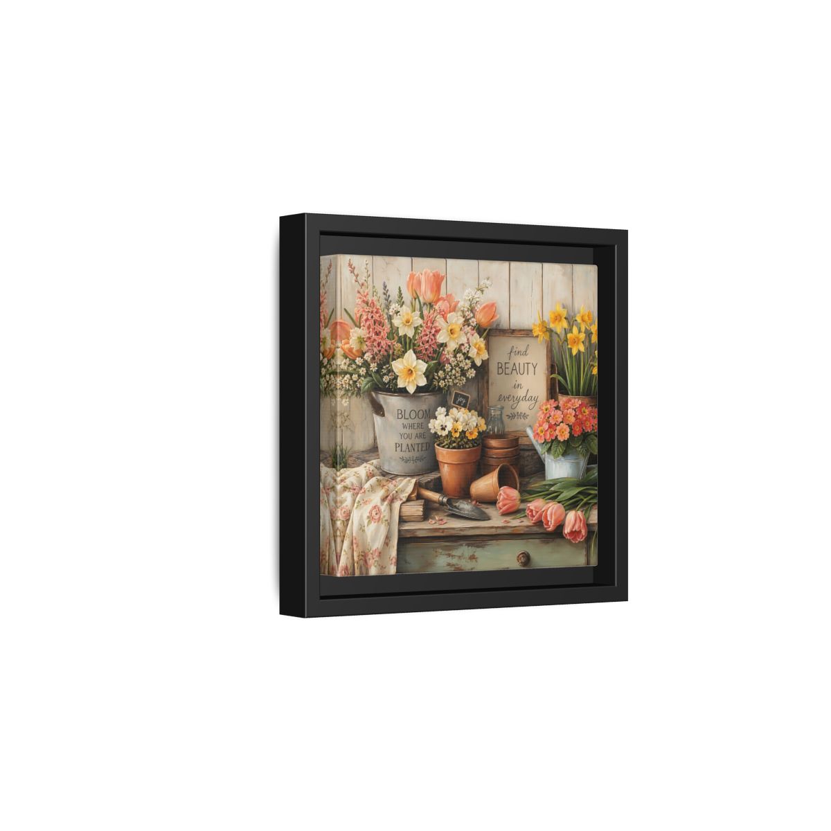 Side Mockup 3. Warm Rustic Realism Potting Bench With Spring Flowers shown as stretched canvas wall art